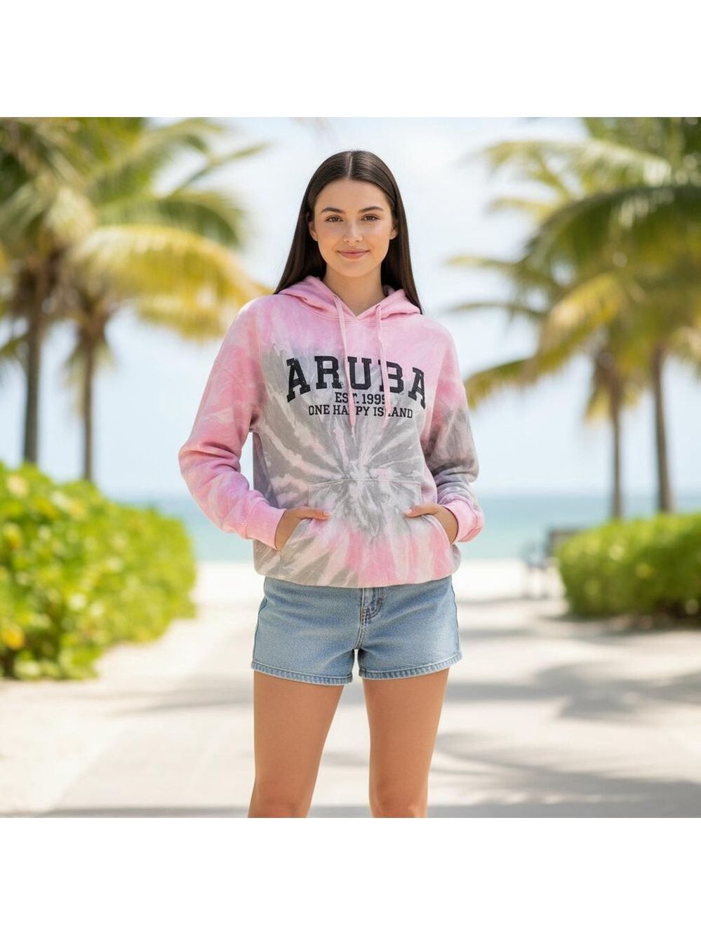 Women's Destinations Pink Gray Tie-Dye Aruba Hoodie L